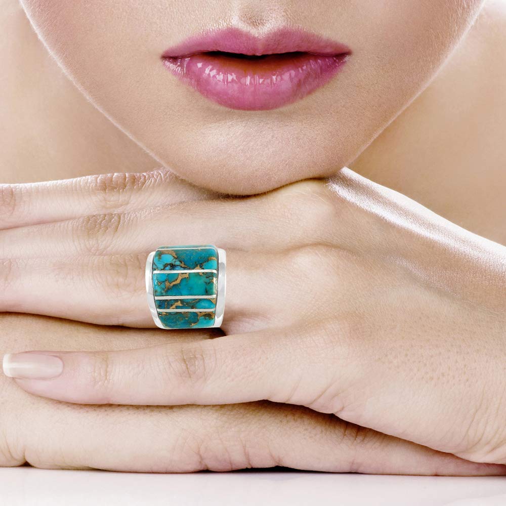 Wide Statement Ring in Sterling Silver Ring with Genuine Turquoise