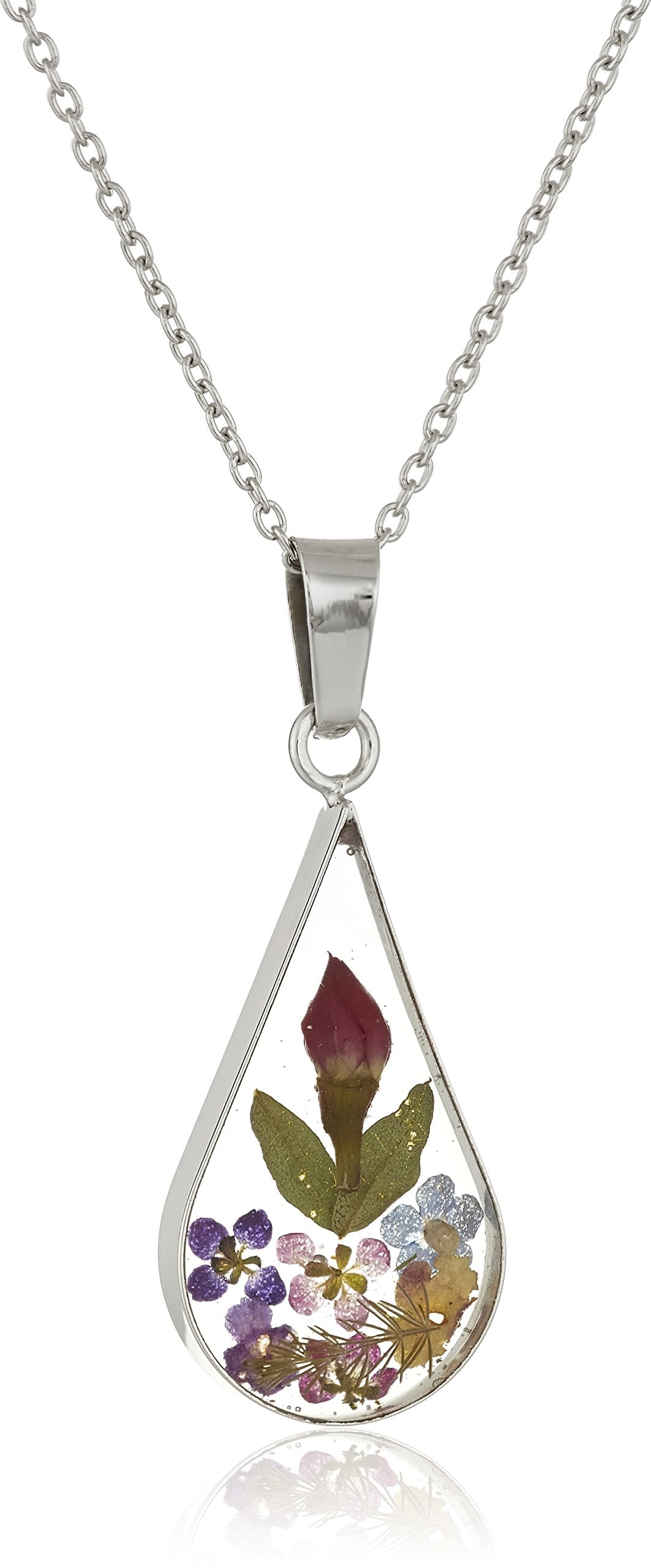 Multi Pressed Flower Teardrop Pendant Necklace