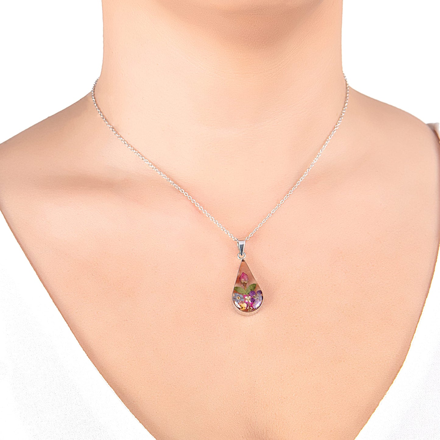 Multi Pressed Flower Teardrop Pendant Necklace